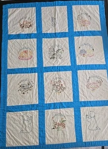 VTG Hand Stitched "Now I Lay Me Down to Sleep" Embroidered Baby Quilt 52" X 38" - Picture 1 of 21