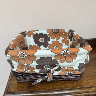 Vintage Rectangular Wicker Basket With Brown Retro Design Floral Fabric Liner GC - Image 1 of 4