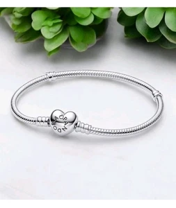 Bracciale SAN VALENTINO Autentico Pandora Momenti Chiusura Cuore Catena Serpente 8,3" - Foto 1 di 4