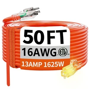 50 ft 16/3 Gauge Outdoor Extension Cord Waterproof with Lighted, Flexible Col... - Picture 1 of 7