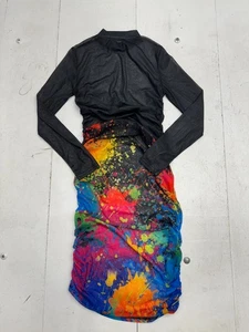 Shein Mesh Black Paint Splatter Long Sleeve Side Scrunch Dress Womens Size M - Picture 1 of 6