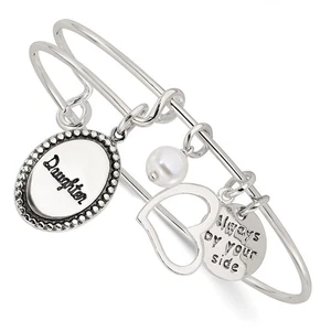 925 Sterling Silver Antiqued Pearl Daughter Charm Adjustable Bangle Bracelet 8" - Picture 1 of 4