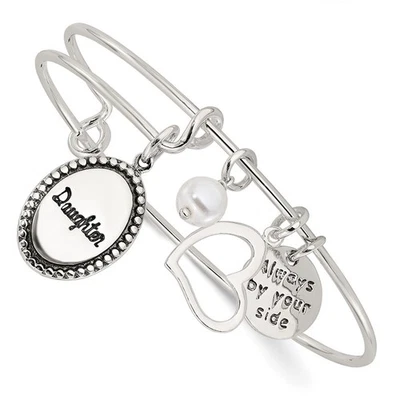 925 Sterling Silver Antiqued Pearl Daughter Charm Adjustable Bangle Bracelet 8" - Image 1 of 4