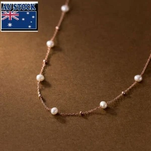 Woman s925 Sterling Silver Rose Gold Freshwater Pearl Station Beads Chain 40cm - Picture 1 of 6