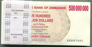 Zimbabwe 500 Million Dollars 2008 Bearer Cheque UNC X 1/5 Bundle AB 50 Note P60 - Picture 1 of 1