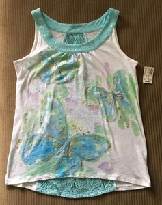 Justice Butterfly White Sleeveless Shirt Tank Top Blue Sequins Open Lace Back 20 - Picture 1 of 7