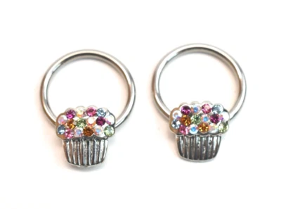 一对 14G 杯子蛋糕多色 CZ 环状耳环钢乳头环耳规 — 第 1/3 张图片
