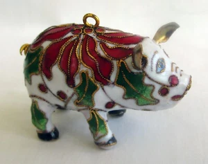 Cloisonne Emaille Schwein Ornament Figur rot, grün & weiß Vintage - Bild 1 von 5