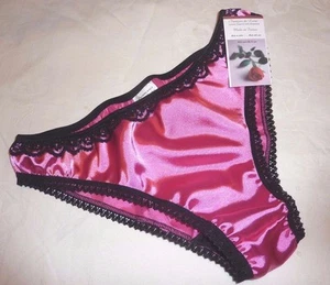 HOT PINK shiny SATIN panties low rise BIKINI BRIEFS black lace Made France - Picture 1 of 1