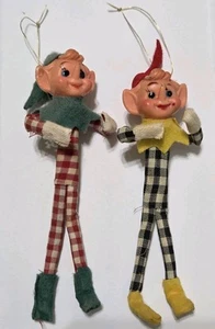 LOTTO 2 Elfi Vintage Gingham Giappone 5" Ornamenti Faccia Plastica NON PIEGHEVOLI - Foto 1 di 10