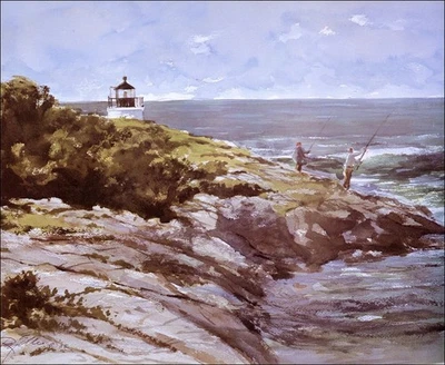 Acuarela de colección 1985 Ray Ellis Print Fishing the Surf Newport Rhode Island Coast  Foto 1 de 3