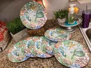 Set of 7 Coastal Dinner Plates All are 11” Thick Melamine Plates ALL MINT!! - Picture 1 of 6