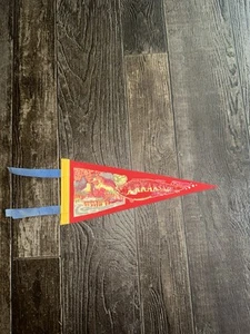 Vintage 1950s Arkansas Travel Felt Pennant Hillbilly Fishing Bass Red 12 Inches - Picture 1 of 6