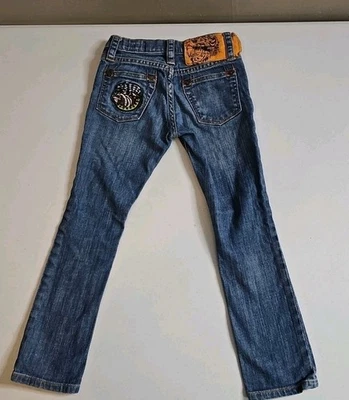 Ed Hardy Kids Size 5 Embroidered Bulldog Bootcut Blue Jeans Adjustable Waist Foto 1 de 4