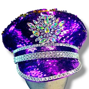 Purple Sequin and Crystal Sunburst Captains Hat Festival Costume Dress Up Size 7 - Imagen 1 de 13