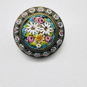 Vintage Brosche Konvolut Mikromosaik floral rund Anstecknadel + silberfarbene Schnörkelbrosche - Bild 1 von 4