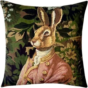 VERDURE HARE GREEN JACKET 18" BELGIAN TAPESTRY PILLOW CUSHION COVER, BLACK BACK - Picture 1 of 5