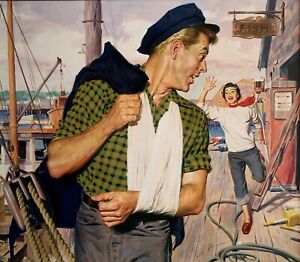 JAMES BAMA Original American ILLUSTRATION PAINTING Fisherman & Young Woman
