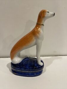 Vtg Staffordshire Style Whippet Porcelain Greyhound Standing 8.5”X4.5” Blue Base