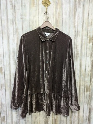 Top túnica Jill terciopelo botón delantero mezcla seda manga larga gris marrón grande Foto 1 de 4