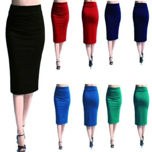 Womens Pencil Skirt Stretch Elastic Waist High Waisted Knee Length Office ` - Picture 1 of 16