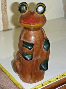 Hand-Made Whimsical Wood FROG Figurine - Folk Art -Thailand ~8" H x 3¼" Dia - Picture 1 of 13