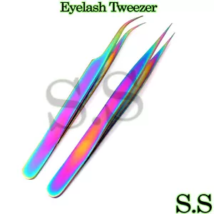 2 Pcs Eyelash Extension Tweezers Straight & Curved Stainless Steel Set Rainbow - Picture 1 of 3