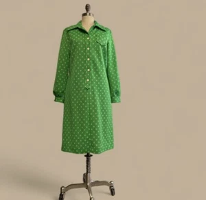 1960s Green Polka Dot Dress Long Sleeves Union Made Size 16 Mod - Picture 1 of 9