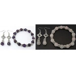 Wholesale Lot 8 Genuine Gemstone Stretch Bracelet Earrings Set Amethyst Onyx - Picture 1 of 5