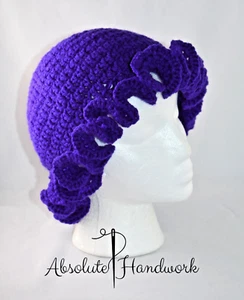 Purple/Amethyst Women's Crochet Ruffle Brim Bucket Cloche Hat Chemo Cap 22 in - Picture 1 of 5