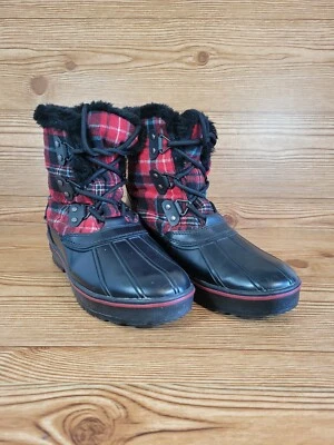 Botas de pato con cordones de piel sintética de invierno a cuadros rojos Bass para mujer forradas 8M Foto 1 de 4
