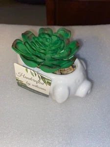 WHITE CERAMIC ADORABLE PIG PLANTER 6" x 3 1/2" WITH ARTIFICIAL SUCCULENT - Picture 1 of 6