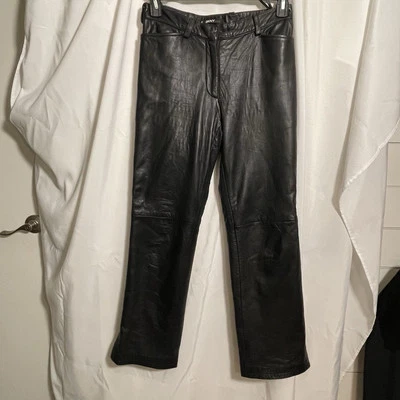 Women's sz 8 DKNY Black Leather Dress Pants Lambskin Lined Flat-Front Bootcut - Image 1 of 4
