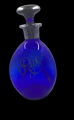 Cobalt Blue Glass Rye Decanter With Sterling Silver Overlay & Stopper 9.5” - Image 1 of 4