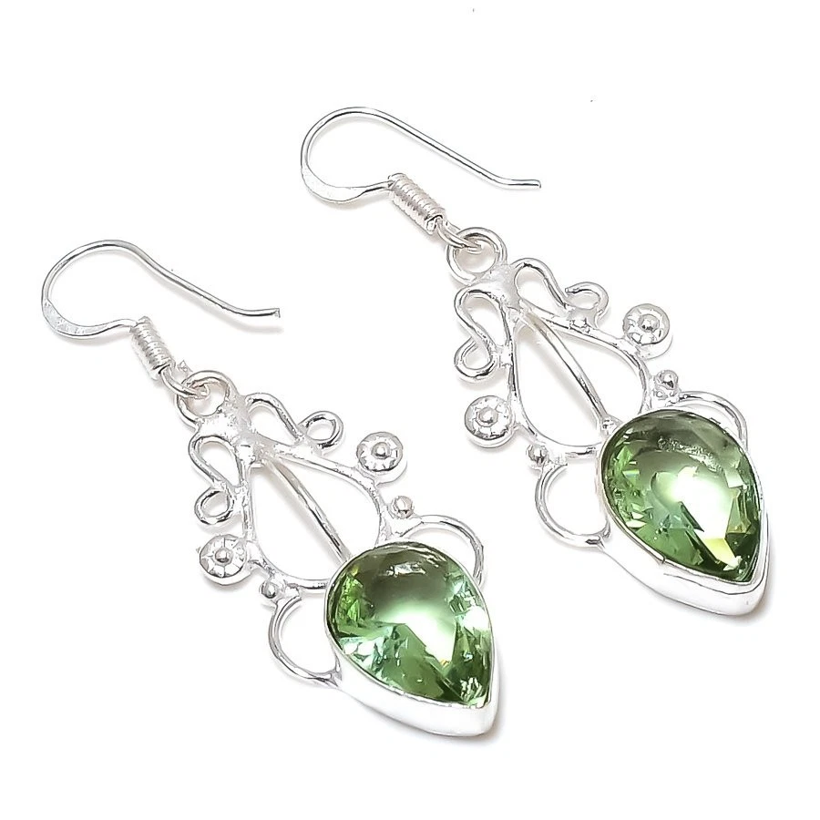 Green Amethyst Gemstone Handmade 925 Sterling Silver Jewelry Earring Size 2" - Image 1 of 1