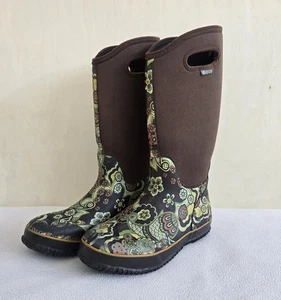 BOGS Boots Womens Size 9 Brown Classic High Paisley Pull On Waterproof 52237 - Picture 1 of 11