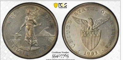 1903 S PHILIPPINES PESO SILVER COIN PCGS AU53 - Image 1 of 4