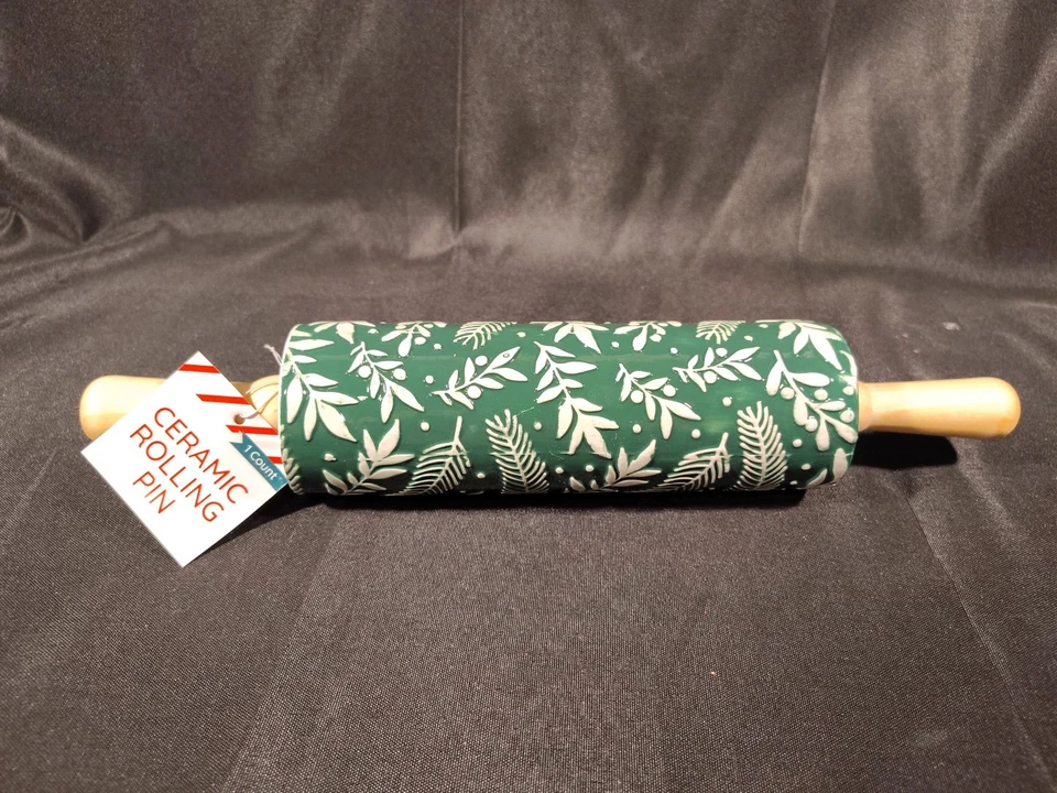 14-in Ceramic Embossing Rolling Pin Floral Pattern Green And White Christmas  - Image 1 of 4