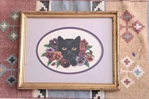 Kreuzstich fertig gerahmt schwarze Katze & Blumen Wandbild - Bild 1 von 16