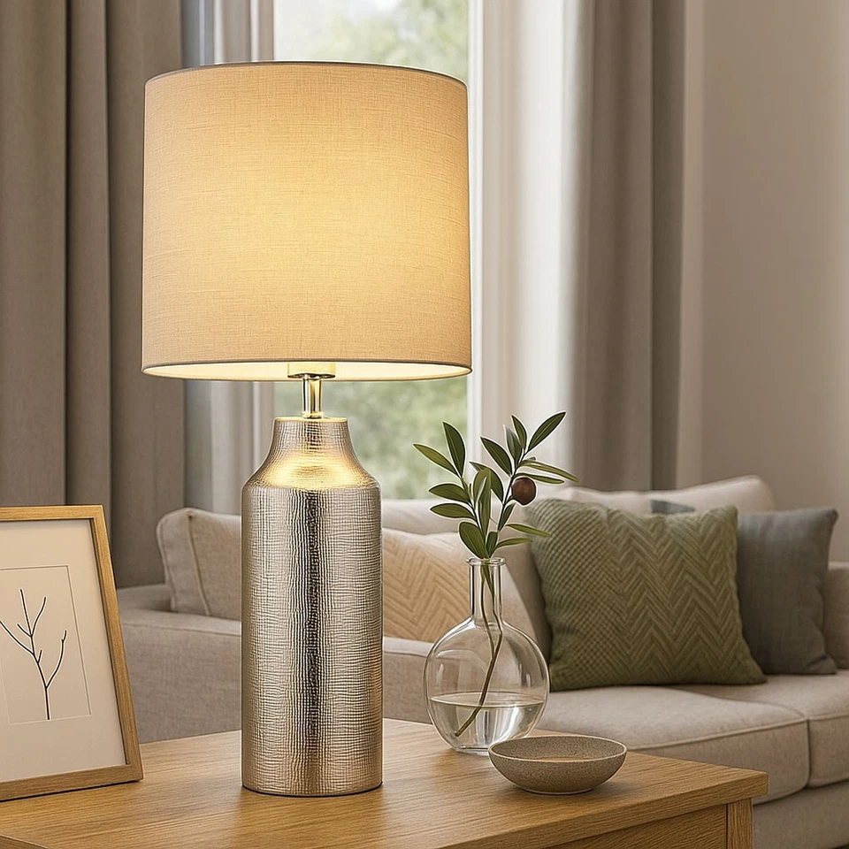 Lampada da Tavolo Lampada da Comodino Ceramica Tessuto Scrivania Argento H 61 CM - Immagine 1 di 4