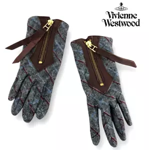 Vivienne Westwood Knit Leather Gray/Brown Check Zipper Gloves 8.6" (22 cm) Japan - Picture 1 of 7