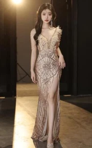 Elegant Sexy V Neck Feather Fringe Sequins Fishtail Gown Cocktail Party Dresses - Picture 1 of 12