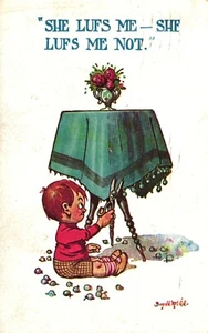 Donald McGill 1930 Comic Postkarte kleiner Junge Schere Tischdecke rote Haare Rose - Bild 1 von 3