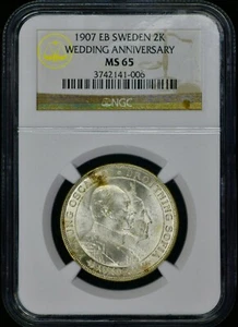 1907 EB SWEDEN 2 Kroner silver NGC-MS65 wedding annivers - Picture 1 of 2