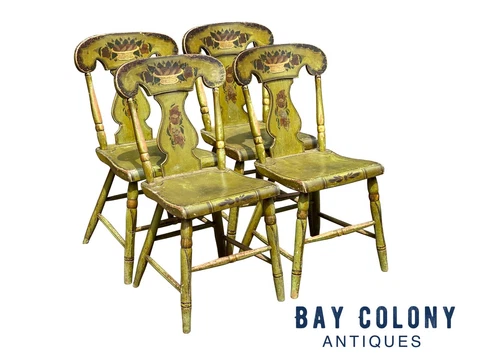 19TH C ANTIQUE SHERATON FANCY PAINT DINING CHAIRS IN BITTERSWEET GREEN PAINT Cover