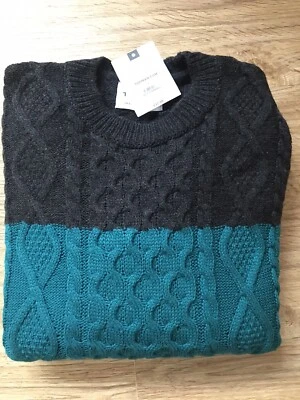 Topman Aran Style Acrylic Charcoal Teal Navy Cable Knit Jumper S 36-38” Chest