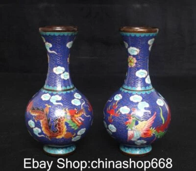8"Marked Old China Copper Cloisonne Dynasty Palace Dragon Phoenix Pair Blue Vase - Image 1 of 4