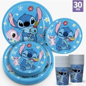 30 Pcs Blue Stitch Paper Plate Cup Set Birthdays Party’s Celebrations Picnics - Picture 1 of 2
