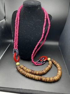 Vtg 80s Multi Strand Wood Stone Beaded Statement Necklace Colorful 36” Boho - Picture 1 of 6