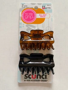 SCUNCI NO SLIP GRIP Claw JAW HAIR CLIPS ( 2 pcs ) 36219 Black & Brown Wom 2 3/8" - Picture 1 of 11